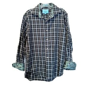 Christian Aujard Paris Plaid Button-Down Shirt Men's Medium Paisley Cuffs
